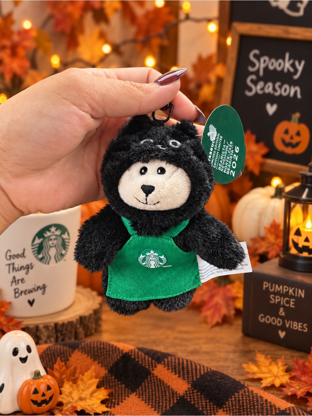 Starbucks 2026 Black Cat Plush Keychain with Green Apron